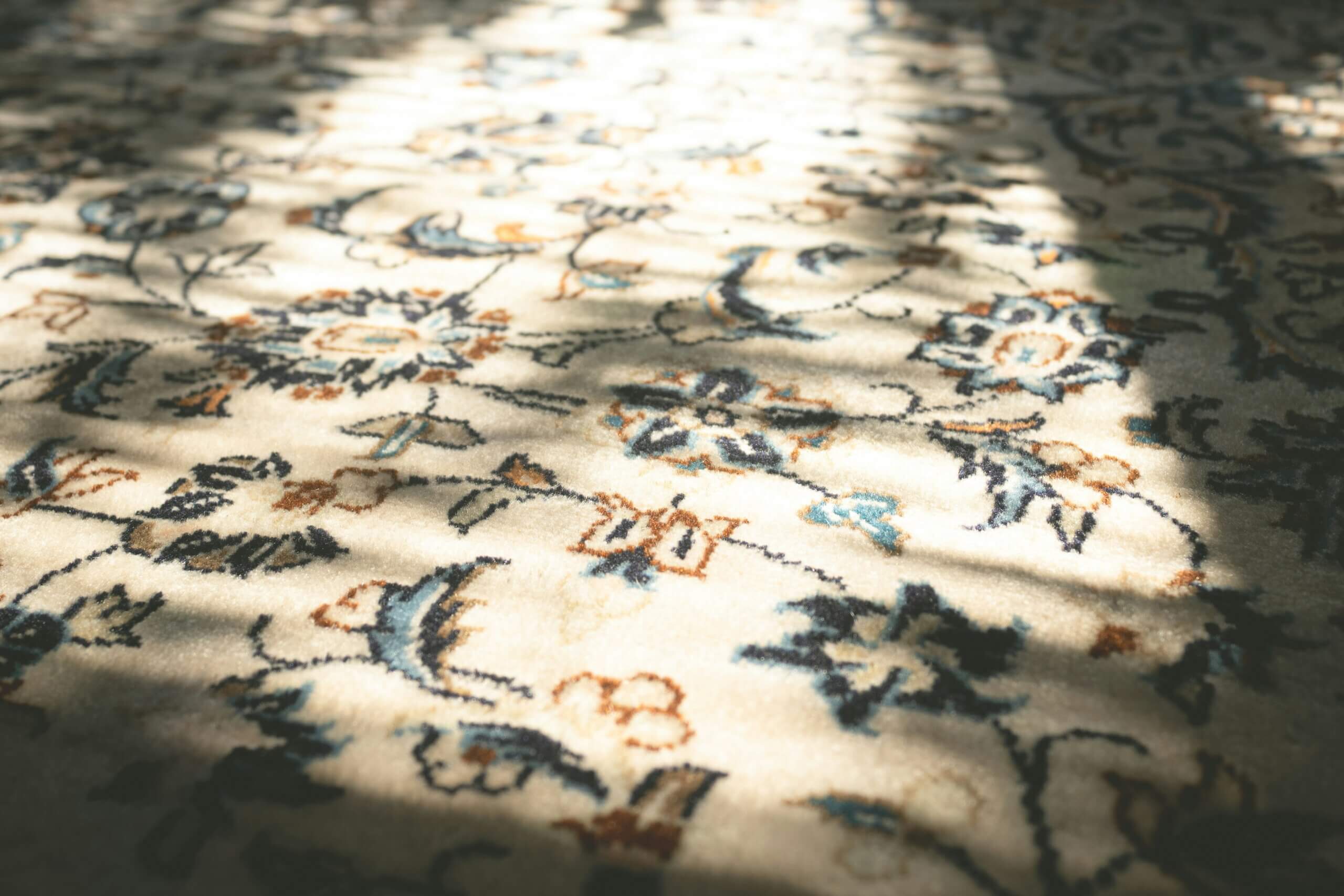 A close-up of a light-colored, floral-patterned carpet with blue and brown details, its plush texture enhanced by quality carpet padding, illuminated by sunlight streaming through a window and casting soft shadows across the surface.