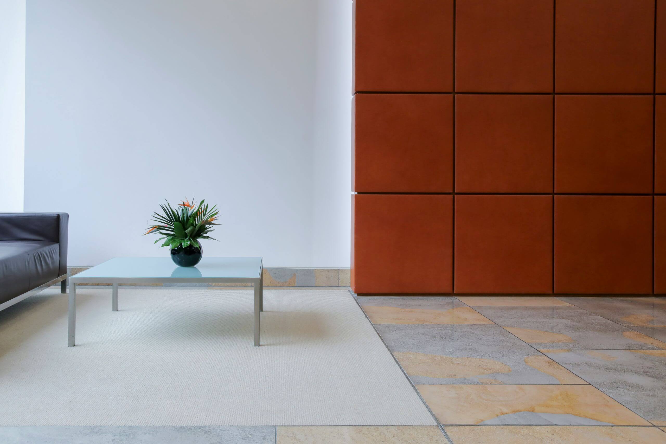 A minimalistic modern room with a glass coffee table holding a small potted plant, a dark sofa, large orange wall panels, and wall to wall carpet for a cozy touch beneath the sleek decor.